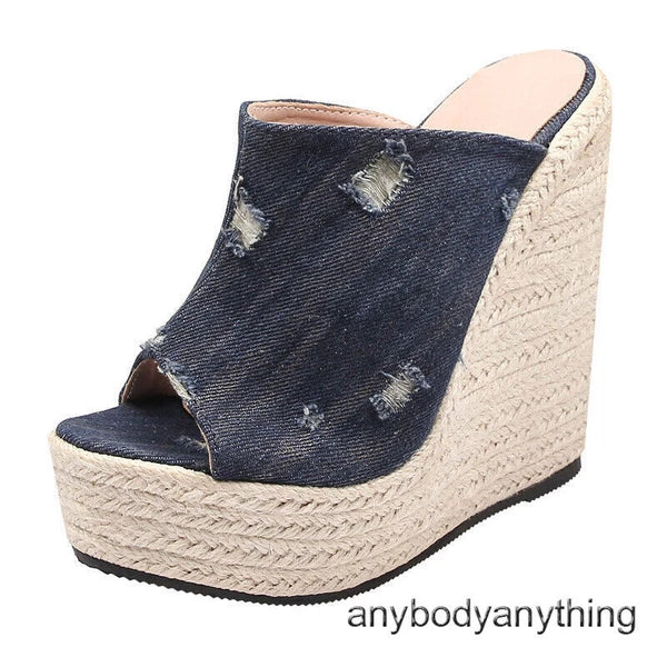 Women's Super High Hemp Rope Weaving Wedge Heel Slippers Denim Jeans Ripped Mule