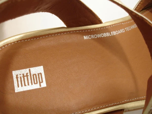 Womens 11 M FitFlop Eloise Platino Metallic Gold Cork-Wrap Leather Wedge Sandals