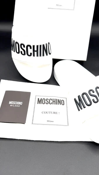 Moschino Womens Wide Logo Rubber White Flat Slip On Pool Slide Sandal US 5/EU 35