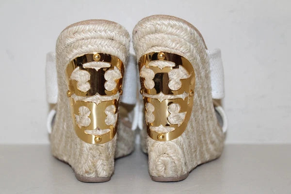 Tory Burch Wedge Kristen Sandal Wedge Heel Sz 8 M Gold Signature Logo White