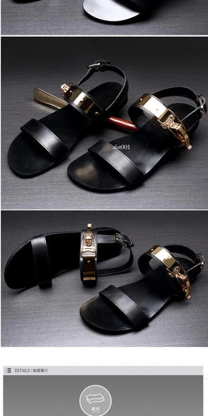 Open Toe Sandals Slingback Metal Trim Casual Real Leather Mens Shoes Roman Style