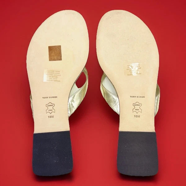 TORY BURCH CLASSIC FLIP FLOP CRINKLE METALLIC LEATHER SPARK GOLD SZ US 10 NIB
