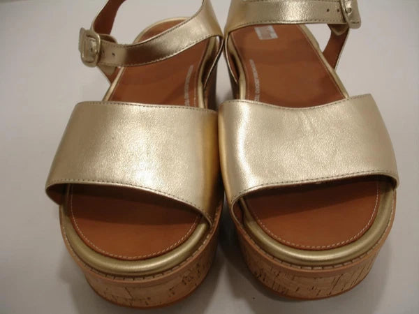 Womens 11 M FitFlop Eloise Platino Metallic Gold Cork-Wrap Leather Wedge Sandals