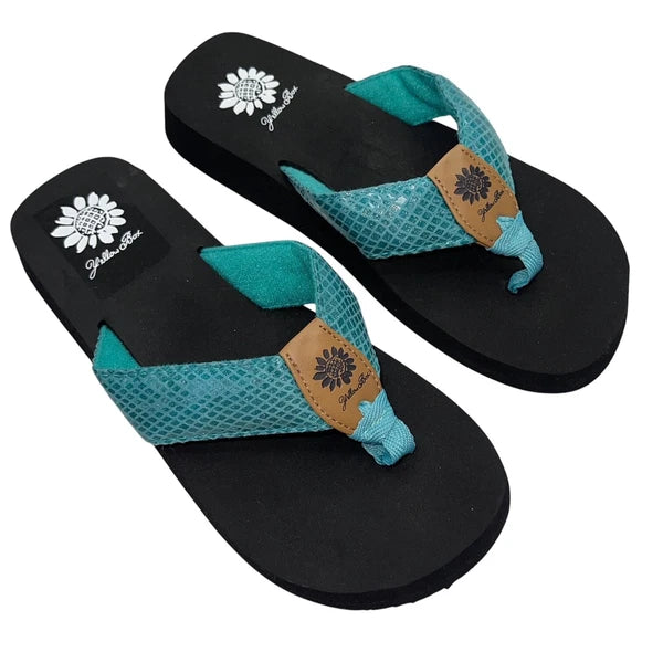 Yellow Box Flip Flops Teal Shiny Snakeskin Embossed Shimmer Wedge Sandal Faya