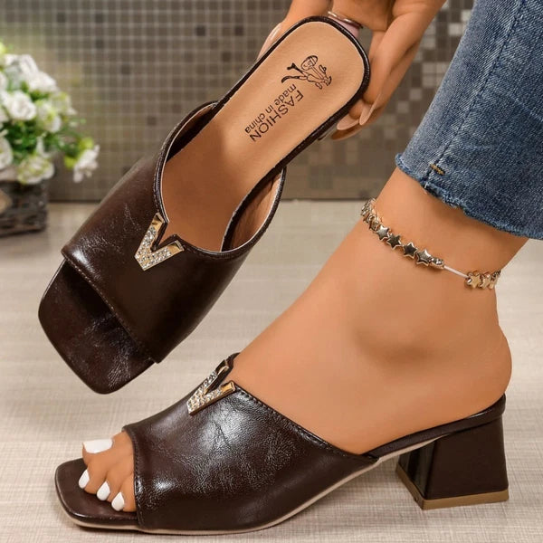 Women's Fashion Square Toe Mules Sandals Block Heel Casual Lightweight Slides