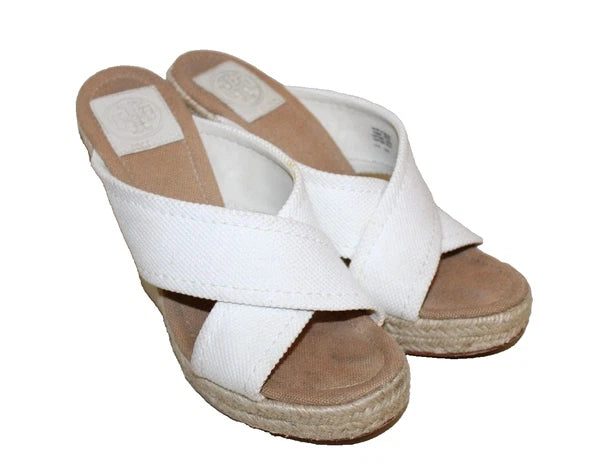 Tory Burch Wedge Kristen Sandal Wedge Heel Sz 8 M Gold Signature Logo White