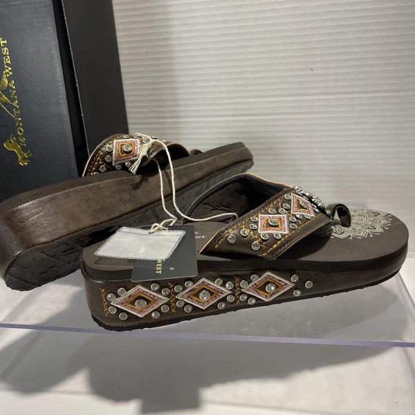 Montana West Embroidered Rhinestones Conch Western Style Wedge Sandals Sz11-11.5