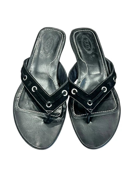 WOMEN'S TOD'S BLACK SUEDE THONGS FLIP FLOP SLIP ON SLIDES SANDALS GROMMET 8