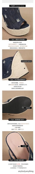 Women's Super High Hemp Rope Weaving Wedge Heel Slippers Denim Jeans Ripped Mule