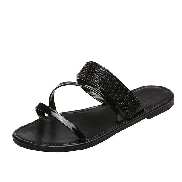 Women's Shiny Rhinestones Flat Slides Fashion Peep Toe Summer Casual Beach Shoes