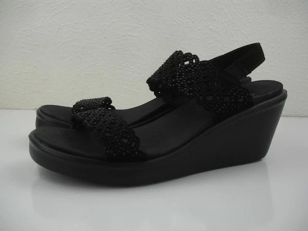 Women's 8 M Skechers Rumble On Sassy Dayz Sandals 119147 Black Wedge Heel Beaded