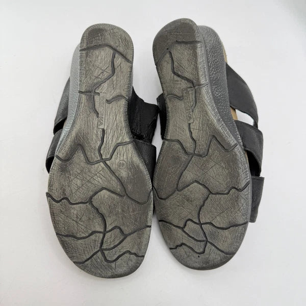 Romika Black Leather Wedge Sandals Slides Casual Comfort Summer Womens Size 40