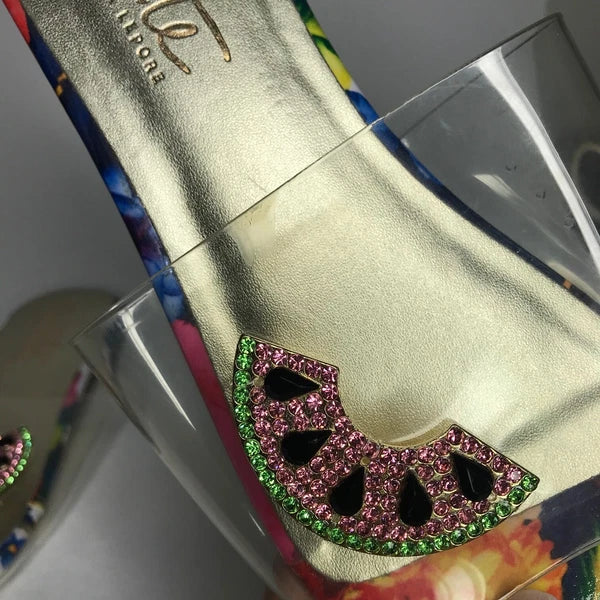 Nanette Lepore Women's Sandals Jeweled Transparent Watermelon Floral Sz 8M