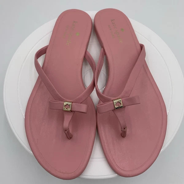 Kate  Spade Tatum New York Pink Leather Bow-Thong Sandals Spade Charm Size 9B