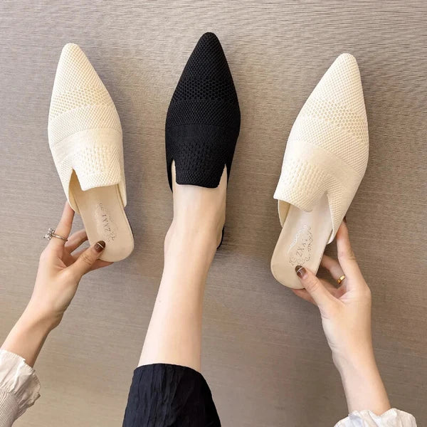 Summer Women Knitted Slides New Elegant Mesh Breathable Med Heel Slippers Slides