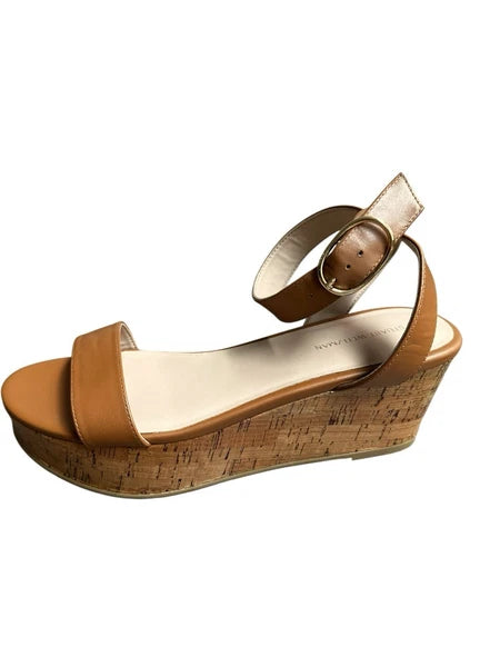 Stuart Weitzman Avenue 65 Platform Wedge Sandal Almond Tan Leather Cork Sz 8.5
