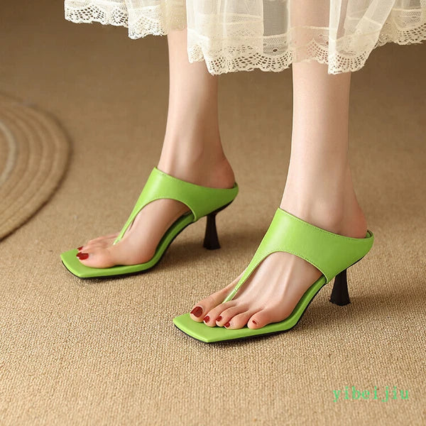 Women's Flop Flops Mid Heels Slingbacks Mule Faux Leather Sandals Casual Shoes