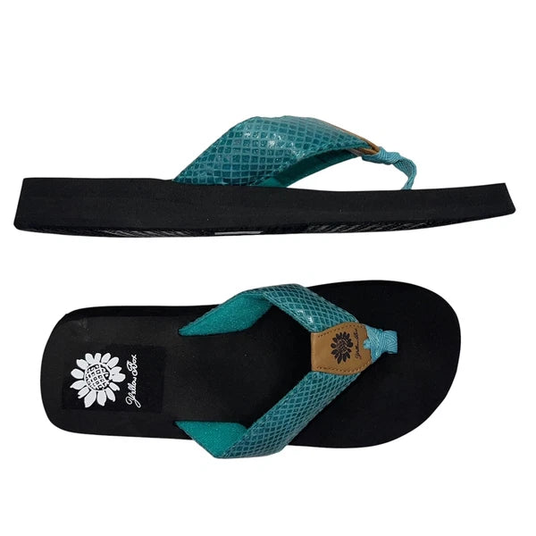 Yellow Box Flip Flops Teal Shiny Snakeskin Embossed Shimmer Wedge Sandal Faya