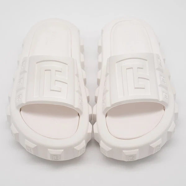 size 38-39 Balmain White Ari Women Rubber Slip On Slides Sandal Embossed Logo