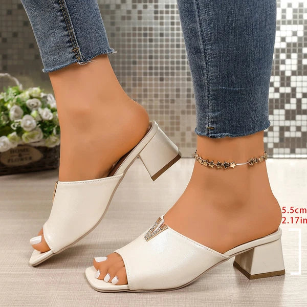 Women's Fashion Square Toe Mules Sandals Block Heel Casual Lightweight Slides