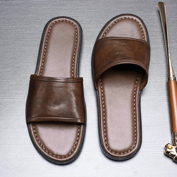 Roman Style Mens Open Toe Sandal Slippers Real Leather Flat Shoes Summer Outdoor