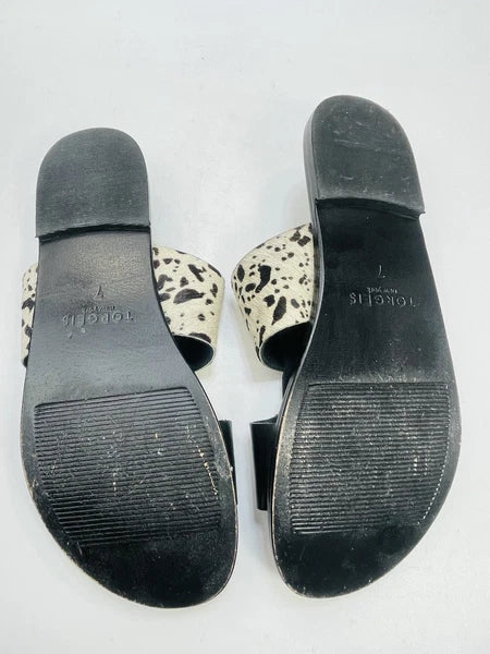 Torgeis New York Sz 7 Epona Slide Sandals Black Leather Pony Calf Hair #FEI1059
