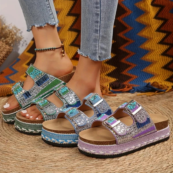 Heel Rhinestone Glitter Sandals, Double Buckle Slides with PP Insole and MD Sole