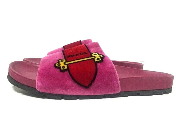 Prada Slides Sandals Slip On Belt Pink Velvet Womens Size EU37.5/US7-7.5