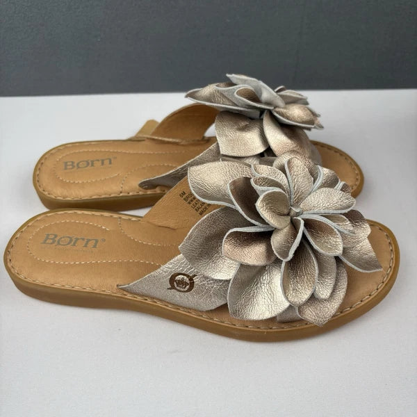 Born Ivory Leather Sandal Flower Slip On Slide Panna Cotta Gold Size 6 M