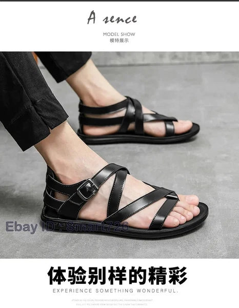 38-45 Mens Flip Flops Buckle Sandals Flat Shoes Summer Roman Style PU Leather