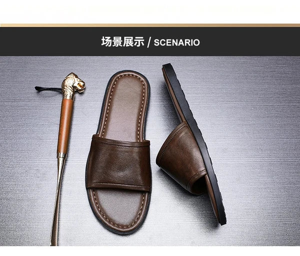 Roman Style Mens Open Toe Sandal Slippers Real Leather Flat Shoes Summer Outdoor
