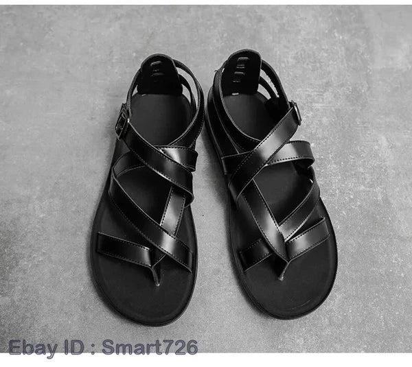 38-45 Mens Flip Flops Buckle Sandals Flat Shoes Summer Roman Style PU Leather
