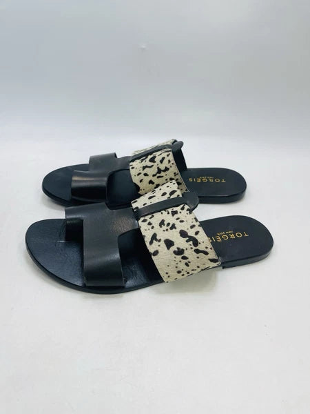 Torgeis New York Sz 7 Epona Slide Sandals Black Leather Pony Calf Hair #FEI1059
