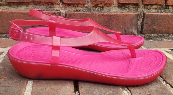 🐊CROCS●Sexi💋Serena●Flip Flop/ Thong/Slingback●Sz.7●Good/Clean Cond●HOT PINK💗