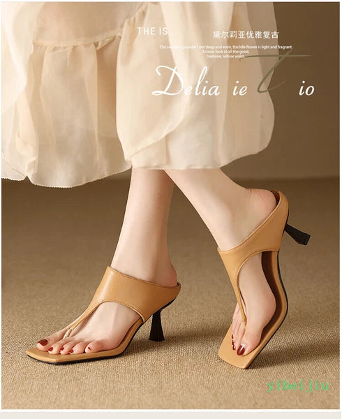 Women's Flop Flops Mid Heels Slingbacks Mule Faux Leather Sandals Casual Shoes