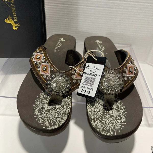 Montana West Embroidered Rhinestones Conch Western Style Wedge Sandals Sz11-11.5