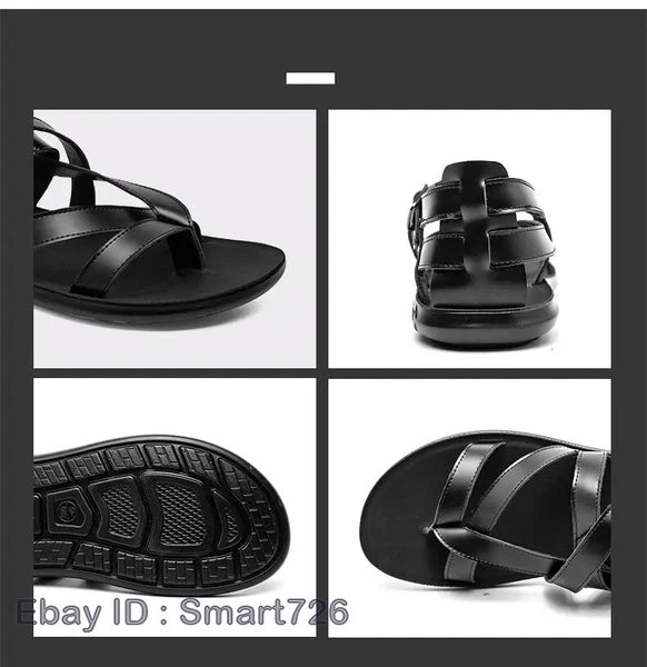 38-45 Mens Flip Flops Buckle Sandals Flat Shoes Summer Roman Style PU Leather