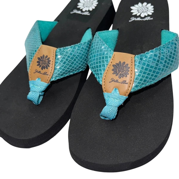 Yellow Box Flip Flops Teal Shiny Snakeskin Embossed Shimmer Wedge Sandal Faya
