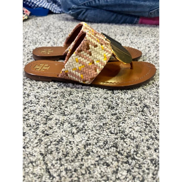Tory Burch Woven Braided Leather Thong Sandals Gold Medallion Slides Boho Resort