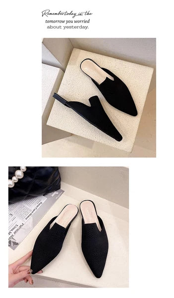 Summer Women Knitted Slides New Elegant Mesh Breathable Med Heel Slippers Slides