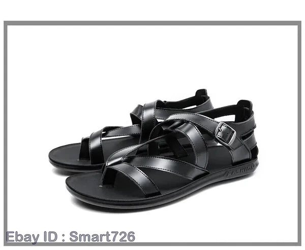 38-45 Mens Flip Flops Buckle Sandals Flat Shoes Summer Roman Style PU Leather