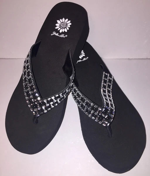 Yellow Box Flip Flops Sandals Women's Touch Wedge Pearl Jeweled Blue Black NWT