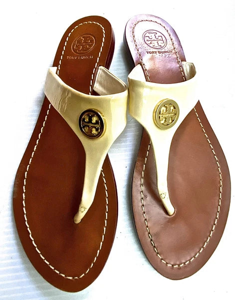 TORI BURCH Women's IVORY LEATHER STRAP FASHION FLIP FLOPS SZ 7M VERY GOOD+ COND.