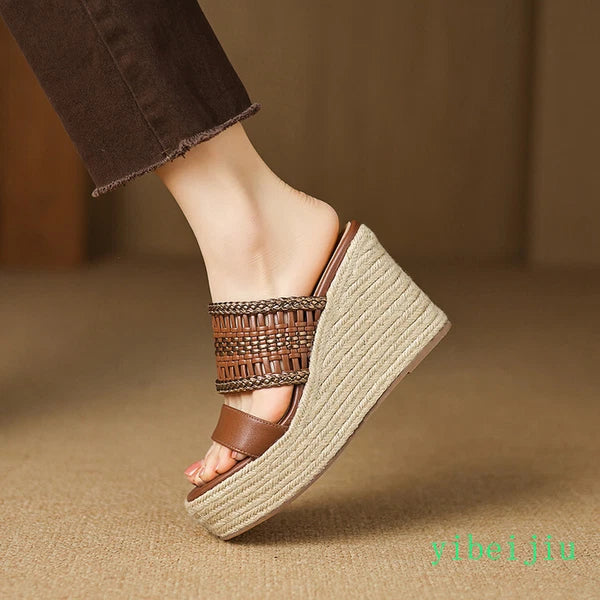 Women's Slipper Hemp Straw Weaving Platform Wedge Heel Mules Slides Sandals Lady