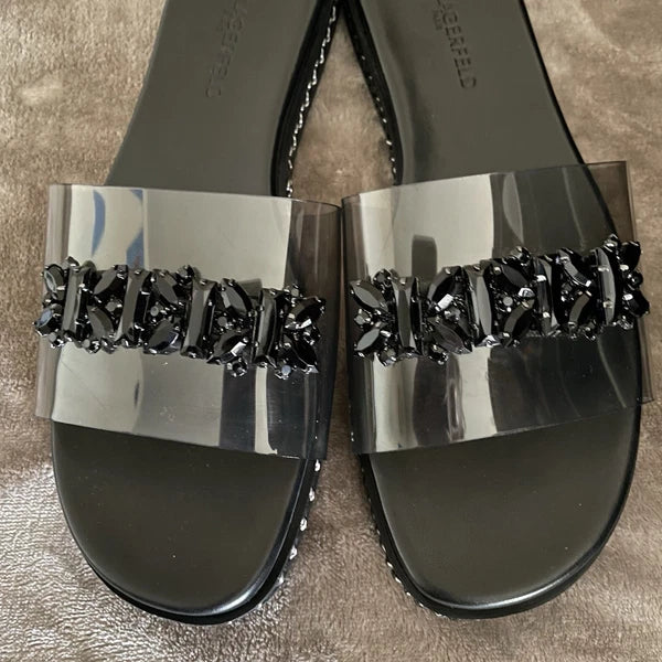 Resort Wear Slip On Vacay Beach Karl Lagerfeld Paris Sandal 9.5 Black Clear Top