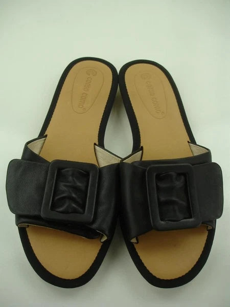 Women's 8.5 M Corso Como Bahlia Black Leather Flat Sandals Buckle Open Toe Slide