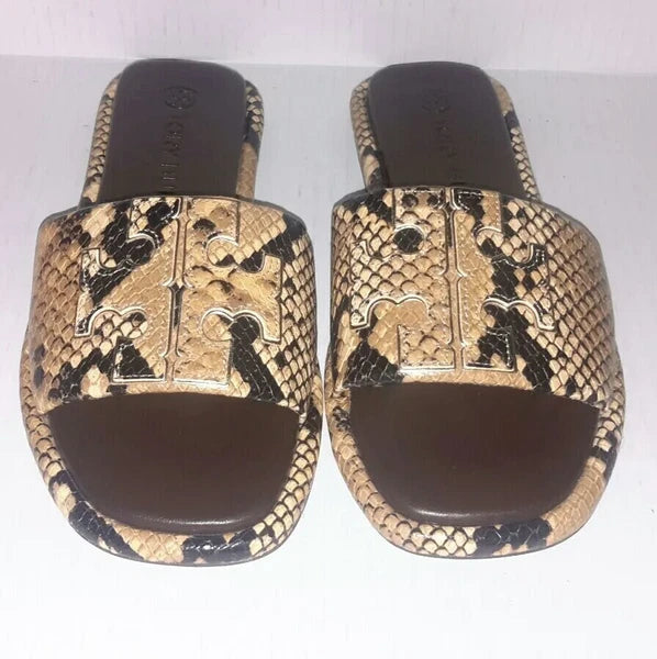 TORY BURCH DOUBLE T SPORT SLIDE snake-print leather Sandals Size 7.5