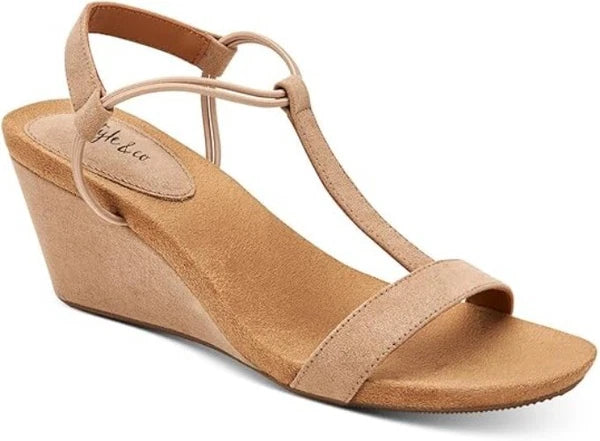 Style & Co Women's Wedge Sandals Mulan T Strap Open Toe Taupe Size 12M