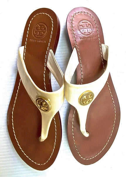 TORI BURCH Women's IVORY LEATHER STRAP FASHION FLIP FLOPS SZ 7M VERY GOOD+ COND.