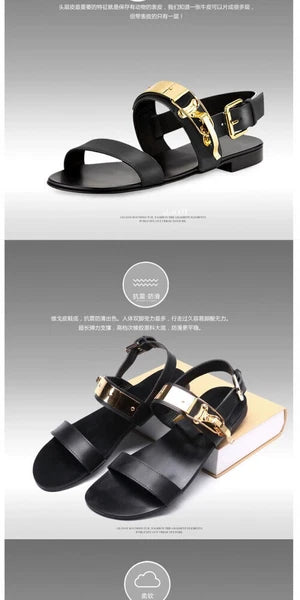Open Toe Sandals Slingback Metal Trim Casual Real Leather Mens Shoes Roman Style